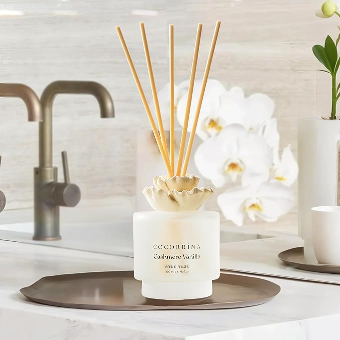COCORRÍNA Gypsum Flower Reed Diffuser Set for Bathroom Décor – Cashmere Vanilla Scent, 6.76 oz with Sticks & Oil – Home Fragrance for Bathroom & Living Space