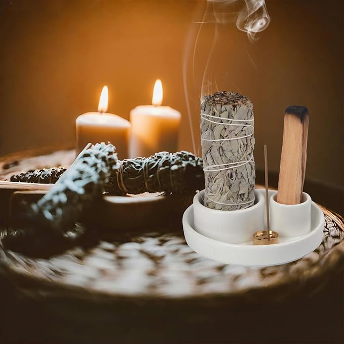 4 in 1 Incense Holder, Palo Santo Stick Holder,Sage Holder for Burning- 4.25" Sage Incense Holder for Meditation Room Home Decor (White Speckles)