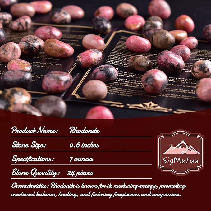 Rhodonite Healing Crystal Stone Set - 24 Pieces, 0.6" Natural & Polished Stones for Healing, Meditation, Reiki, Chakra, Crafting & Decoration