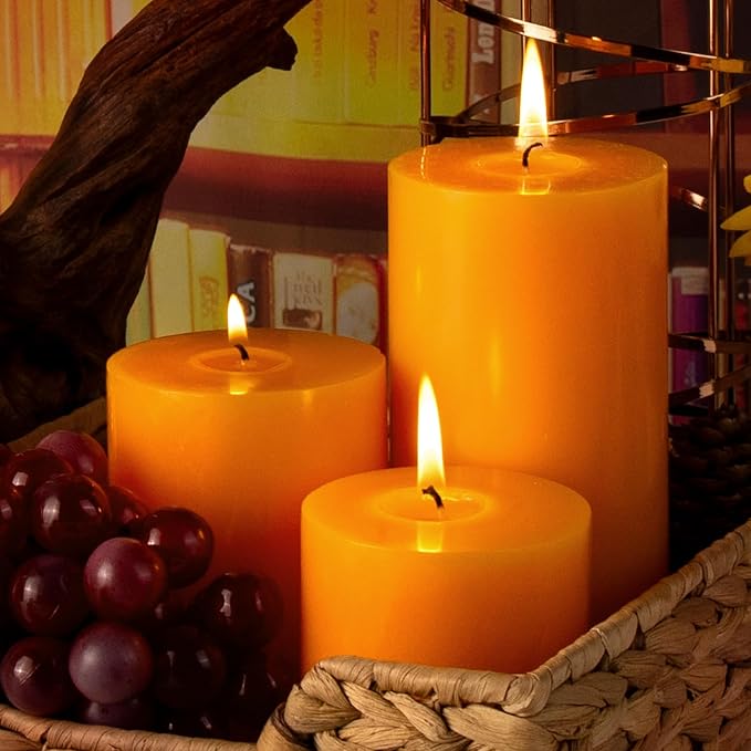 KONNI Orange Pillar Candles Set of 3, 3"x 3" Unscented Pillar Candles Bulk, 30 Hours Long Burning Candles, Smokeless&Dripless Large Round Candle for Wedding, Home Decoration, Parties, Spas, Dinner