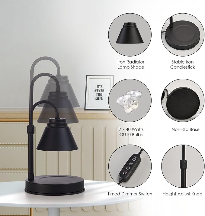 Candle Warmer Lamp - Timer & Dimmer w/ 2 Bulbs, Height Adjustable Candle Warmer for Bedroom, Home Decor, Black