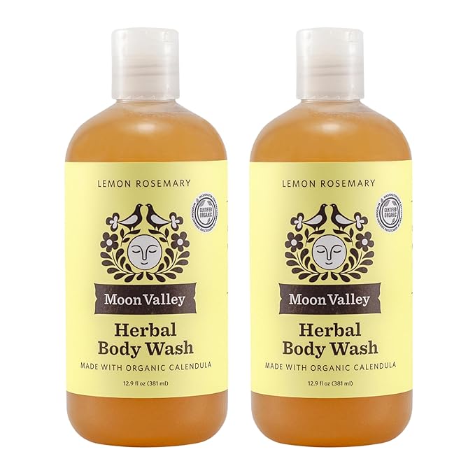 Herbal Body Wash, Lemon Rosemary by Moon Valley, All Natural Ingredients, No Parabens, Vegan, Moisturizing Essential Oils, Two Pack