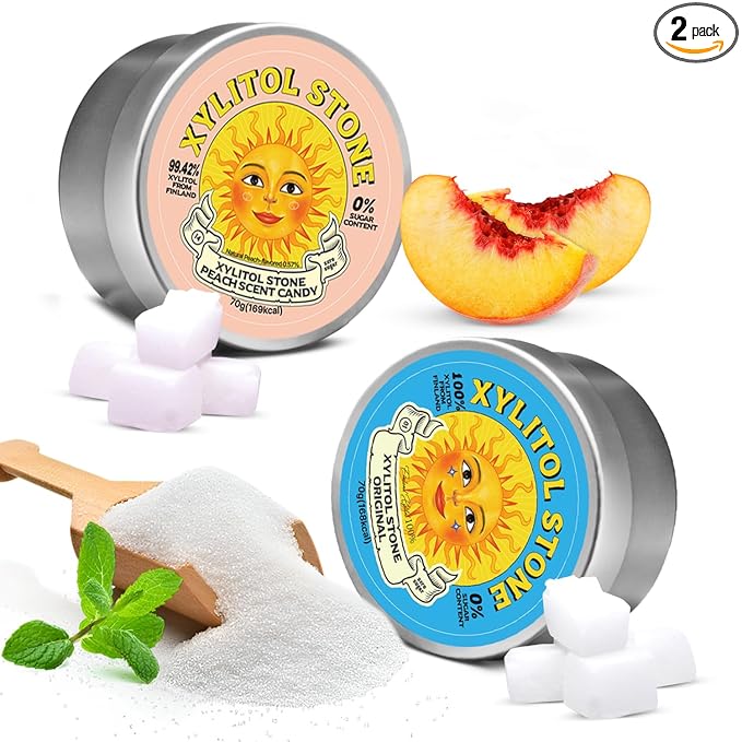 Xylitol Stone Sugar Free Candy - Vegan & Keto Friendly Unique Hard Candy - 100% Natural Flavor Candies - Gluten Free & Non-GMO Breath Freshener Low Calorie Mints - Pack of 2 (Original, Peach)