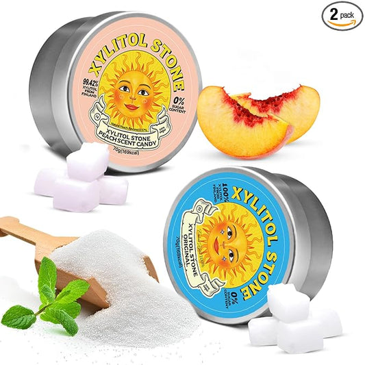 Xylitol Stone Sugar Free Candy - Vegan & Keto Friendly Unique Hard Candy - 100% Natural Flavor Candies - Gluten Free & Non-GMO Breath Freshener Low Calorie Mints - Pack of 2 (Original, Peach)