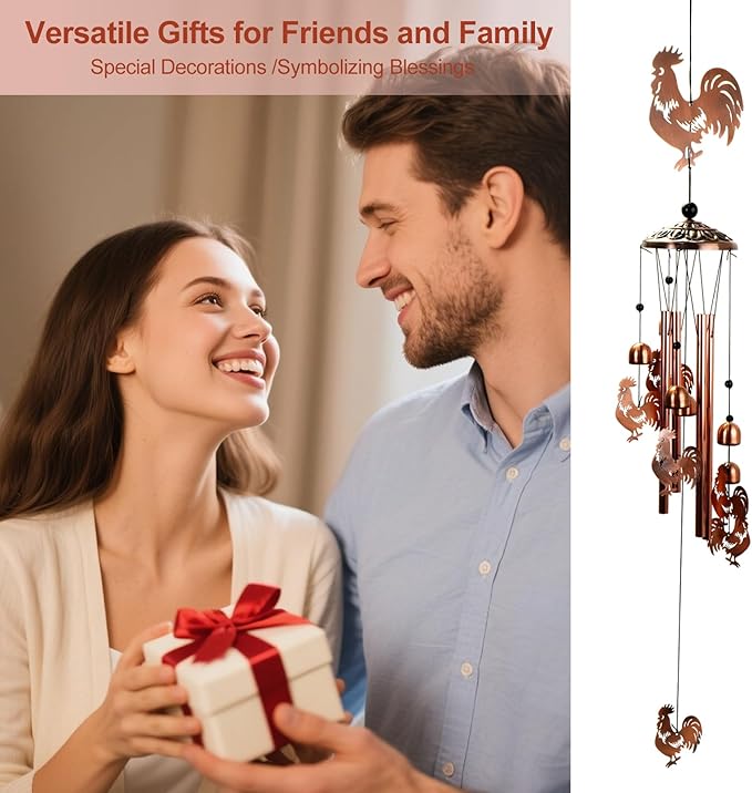 Copper Tone Animal Wind Chimes for Outdoors/Indoors - Rooster Designs - Garden, Patio, Yard, Home Decor, for Women, Men, Mom, Birthday, Memorial, Housewarming (Rooster)