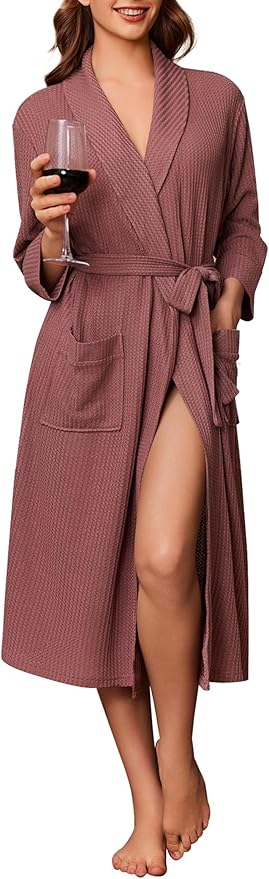Ekouaer Robes for Women Long Waffle Knit Bathrobe Lightweight Kimono Robe Soft Shawl Collar Spa Robes with Pockets S-XXL
