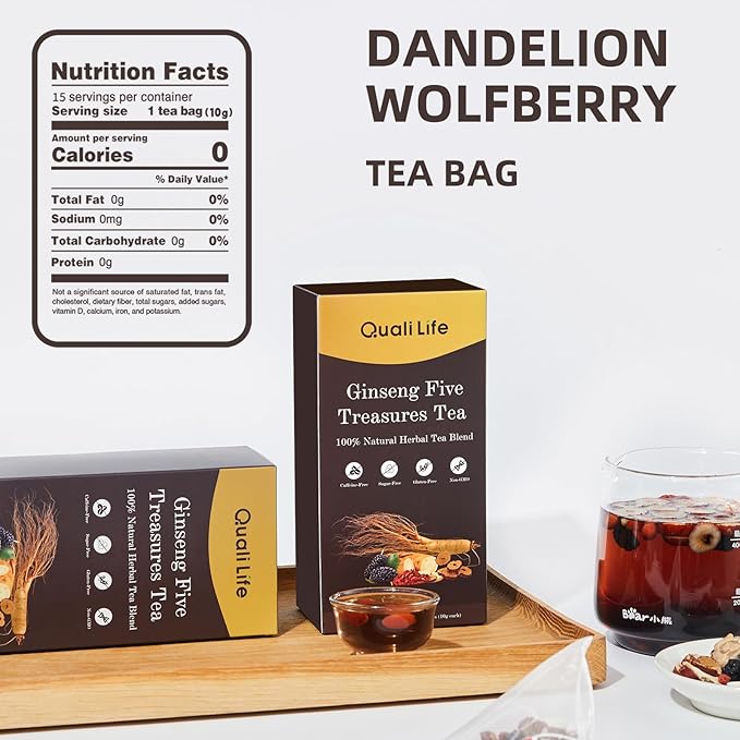 Ginseng Five Treasures Kidney Tea, Traditional Chinese Herbal TeaBags, Natural Kidney Cleanse Detox Tea for Women & Men, 7 Precious Ingredients Formula Chinese Herbal Tea (1 Pack, Ginseng)