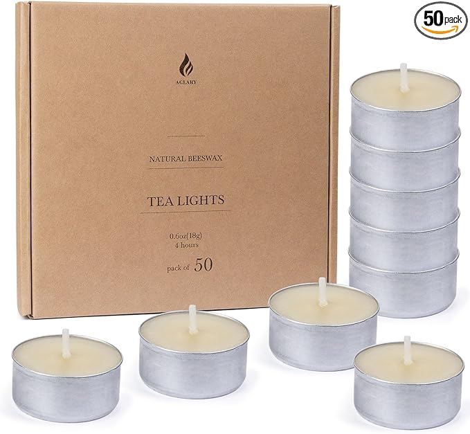 50-Pack Pure Beeswax Tealight Candles in Aluminum Cups - 4-5 Hour Burn Time, Lead-Free Cotton Wick, Natural Unscented Candles，White