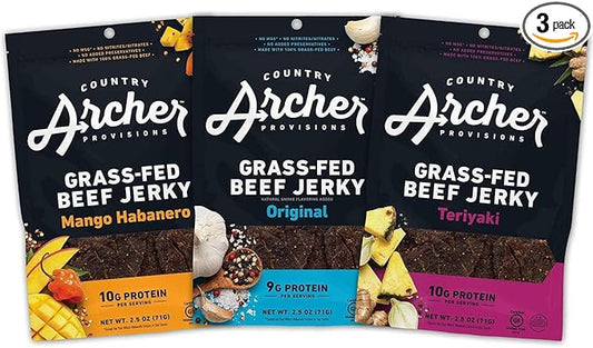 Country Archer Grass-Fed Beef Jerky Variety Pack - Beef Jerky Snack Packs, Beef Jerky Assortment, Jerky Sampler with Original, Mango Habanero, Teriyaki Beef Jerky- 2.5 oz (Pack of 3)