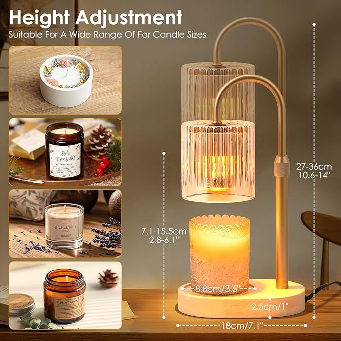 Candle Warmer Lamp with Timer: Modern Style Adjustable Height Candle Warmer Lamp Home Decor Safe Flame Free for Wax Blocks and Jar Candles