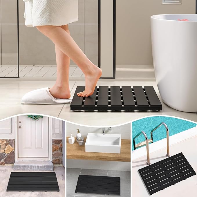 Domax Wooden Bamboo Bath Shower Mat- Non-Slip Waterproof Large Bathroom Floor Mat for Indoor Outdoor (Black, 31.3 x 18.1 x 1.5 Inches)