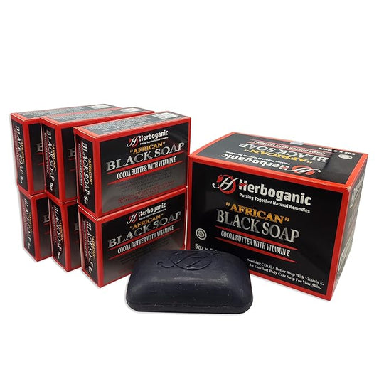 HERBOGANIC African black soap with cocoa butter and Vitamin E Herbal Soap | Pack of 6 of 5oz soap Bar | Ideal for Men and Women, Soothing and Nourishing Soap for Moisturization