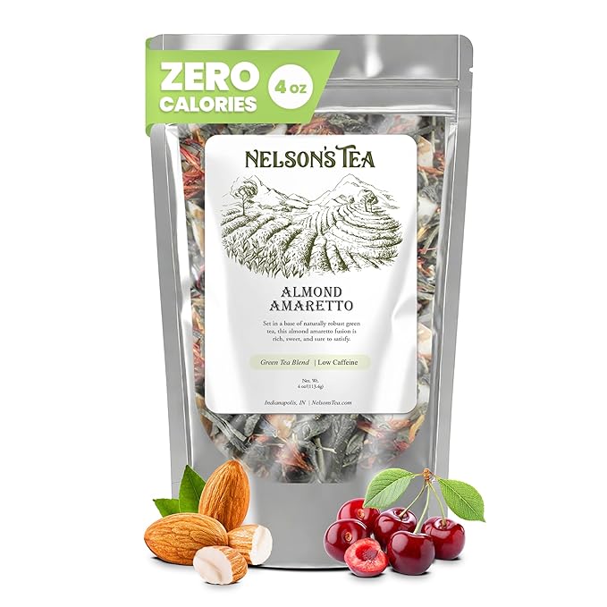 Nelson's Tea Almond Amaretto - Herbal Green Loose Leaf Tea, Curated Blend with Sencha Green Tea, almonds, Dried Cherries, and Safflower - Perfect for Bedtime Brew (4 oz)