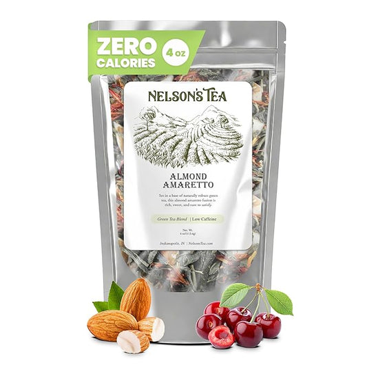 Nelson's Tea Almond Amaretto - Herbal Green Loose Leaf Tea, Curated Blend with Sencha Green Tea, almonds, Dried Cherries, and Safflower - Perfect for Bedtime Brew (4 oz)