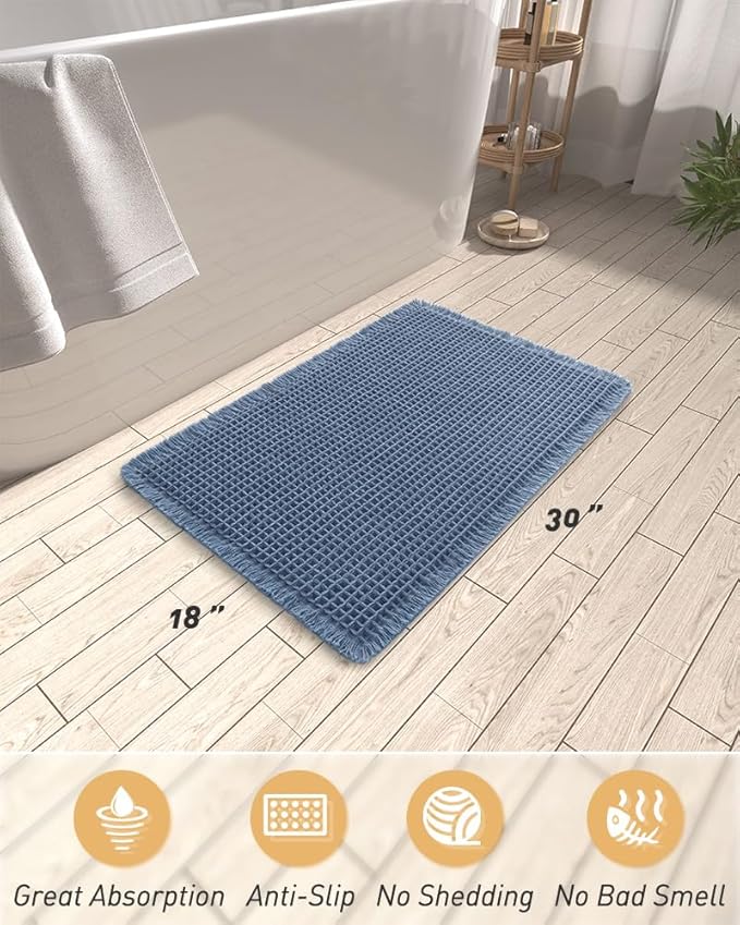 AMOAMI Upgraded Waffle Bath Mat, Super Absorbent Non Slip Bath Mats for Bathroom Floor, Machine Washable Bathroom Rugs with Tassels, Rubber Backed Bathroom Mats, Ultra Soft, 18" x 30", Blue