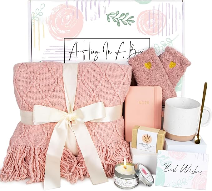 Get Well Soon Gifts for Women - Sending Hug Sympathy Gifts, Care Package Feel Better Basket for Sick Friends, Relaxing Inspirational Gift, Birthday Gift for Women, Blanket Mug Set (Pink)