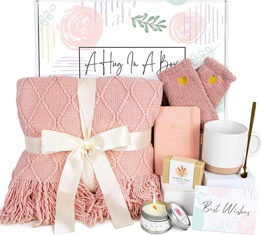 Get Well Soon Gifts for Women - Sending Hug Sympathy Gifts, Care Package Feel Better Basket for Sick Friends, Relaxing Inspirational Gift, Birthday Gift for Women, Blanket Mug Set (Pink)