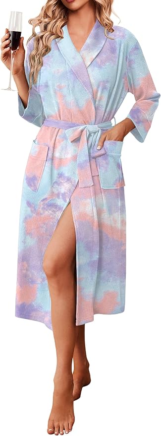 Ekouaer Robes for Women Long Waffle Knit Bathrobe Lightweight Kimono Robe Soft Shawl Collar Spa Robes with Pockets S-XXL