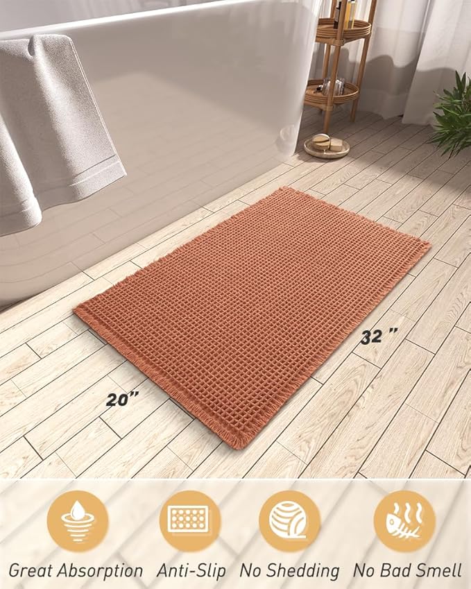 AMOAMI Upgraded Waffle Bath Mat, Super Absorbent Non Slip Bath Mats for Bathroom Floor, Machine Washable Bathroom Rugs with Tassels, Rubber Backed Bathroom Mats, Ultra Soft, 20" x 32", Dirty Orange