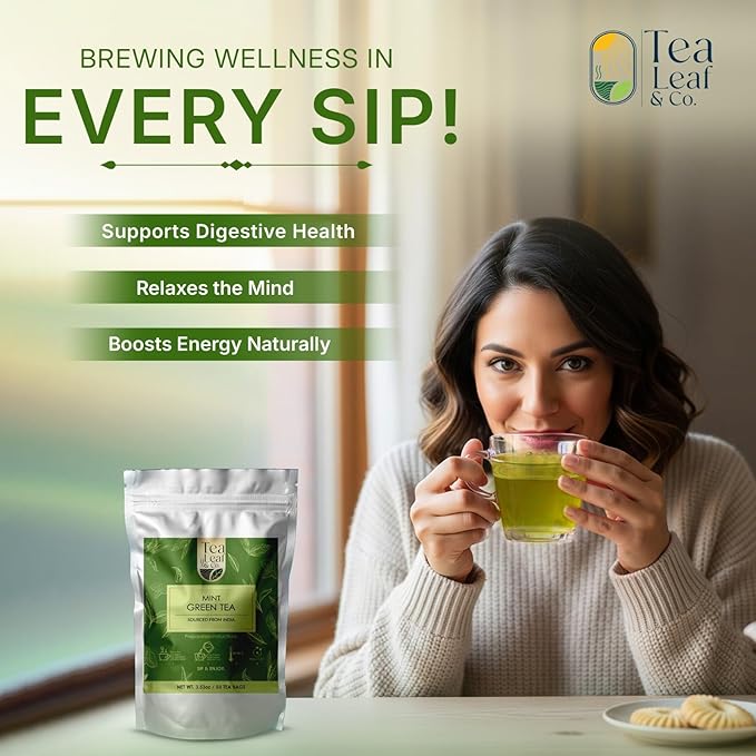 Mint Green Tea Bags (50 Count), Green Tea with Peppermint & Spearmint, Caffeinated, Real and Natural Green Tea, Blended with Fresh Herbs and Spices, Gluten Free