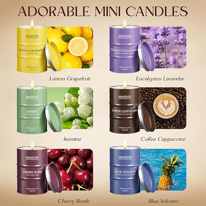 Fall Candle Gift Set | Mini Scented Candles Set|6 Pack Candles for Home Scented,Lemon Grapefruit Eucalyptus Lavender Jasmine Coffee Cherry Candle,Gift Set for Women and Men,Soy Wax 21 oz 105 Hour