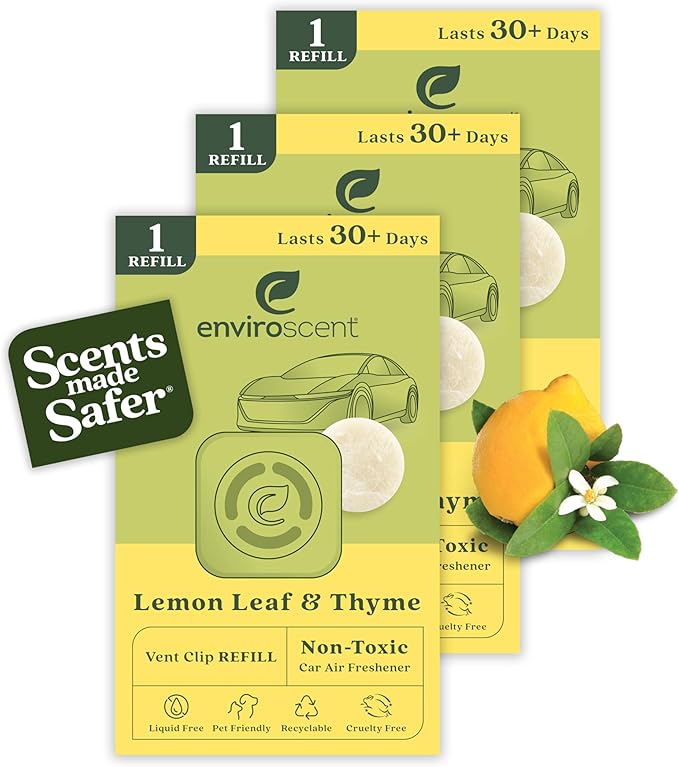 Enviroscent Non-Toxic Car Air Freshener (Lemon Leaf & Thyme) Infused with Essential Oils | Auto Scent Lasting Over 30 Days | 3 Car Vent Clip Scent Pod Refills