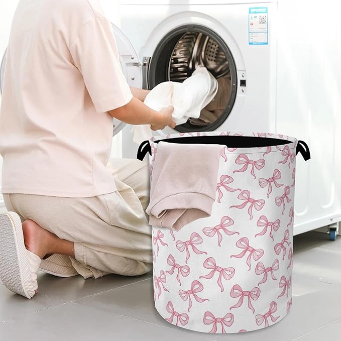 Cute Pink Bow Laundry Basket,Foldable Oxford Cloth Tote Bag Laundry Hamper Clothes Storage Bucket Organizer for Bedroom Laundry Storage Dormitories 16" x 20.8"