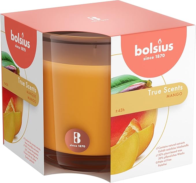 Bolsius Premium Mango Scented Candle - Long-Lasting Candle Jar, 43+ Hours Burning Time - Natural Mango Candle with Plant-Based Wax- Smokeless. Clean-Burning Aromatherapy Candle - Large, 8oz Jar