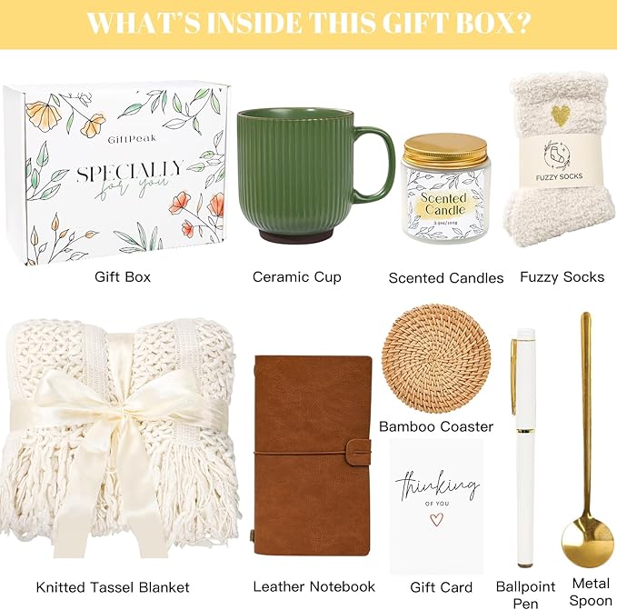 Get Well Soon Gifts for Women, Sympathy Gift Baskets, Thinking of You Care Package, Sending Hugs Box, After Surgery Feel Better Gifts with Snuggly Knitted Tassel Blanket (Ivory)