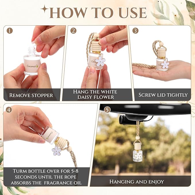2 Sets Hanging Car Air Freshener and Essential Oil Diffuser, Car Air Freshener Daisy Essential Oil Diffuser Long Lasting Automobile Aromatherapy(White,Coconut)