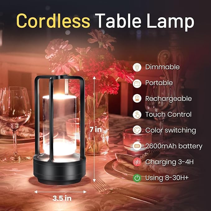 Crystal Lantern Light, Czgor Battery Operated Rechargeable Cordless Crystal Table Lantern Lamp with 3-Color, Portable Small LED Desk Lamp for Indoor/Outdoor Patio Camping Bedroom Bar Restaurant(Black)