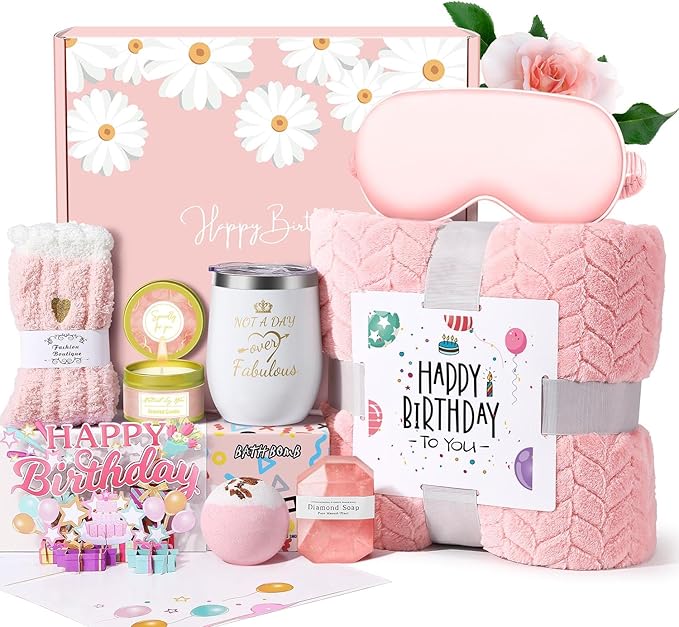 Birthday Gifts for Women Friendship, Happy Birthday Gifts Basket for Mom Friend Sister Wife Her Birthday Gift Unique, Luxury Self Care Gift Rose Relaxing Spa Gifts Set with 3D Birthday Card for Women