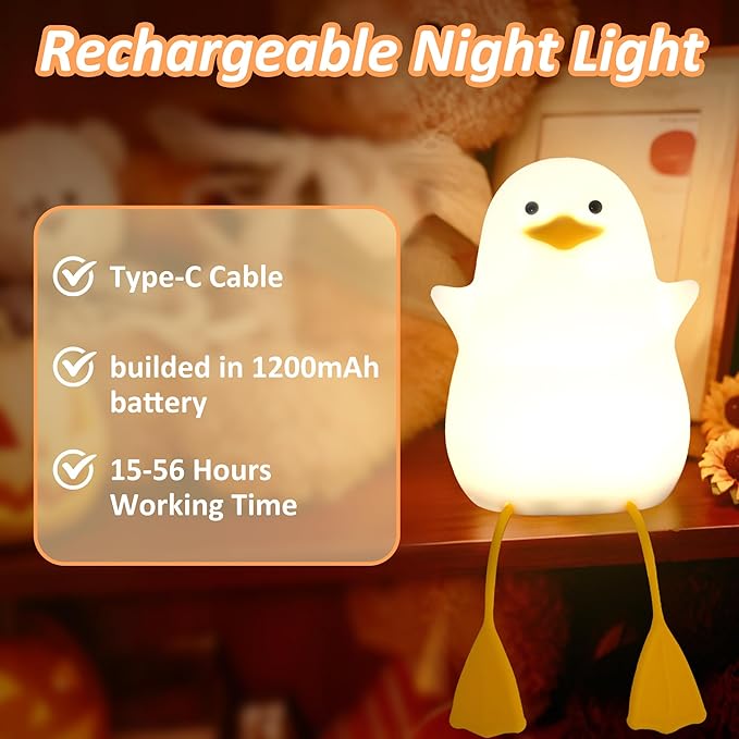 Duck Night Light for Kids, Cute Benson Ducks Gifts, Squishy Touch Silicone Animal Nursery Bedside Lamp Goose Gifts, Dimmer & Rechargeable, Birthday Gifts for Boys Girls Women Teens