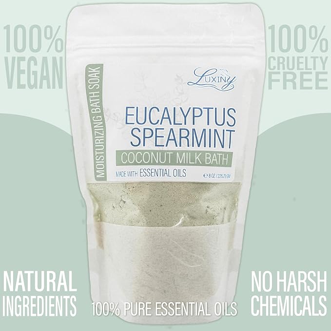 Luxiny Vegan Milk Bath Soak Made with Moisturizing Coconut Milk Powder, Essential Oil, & Sweet Almond Oil for a Bath Bomb Dust Soothing Fizz & Relaxing Soak, 8 oz. (Eucalyptus Spearmint)