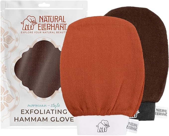Natural Elephant Exfoliating Hammam Glove | Authentic Moroccan Kessa Body Scrub Mitt for Spa-Quality Skin Renewal | Burnt Orange & Chocolate Brown Pack of 2
