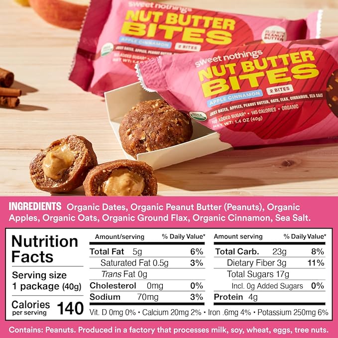 Sweet Nothings, Apple Cinnamon, USDA Organic Nut Butter Bites Protein Bar, Nut & Date Snack, Filled with Peanut Butter, 12-2 Bite Value Packs - No Added Sugar, Plant Based, Vegan, Only 7 Ingredients