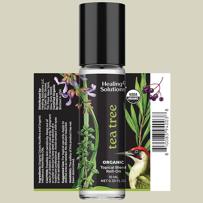 Healing Solutions - Organic Tea Tree Essential Oil Roller, USDA Certified, Roll On Perfume for Aromatherapy, Diffuser, Hair and Skin Care