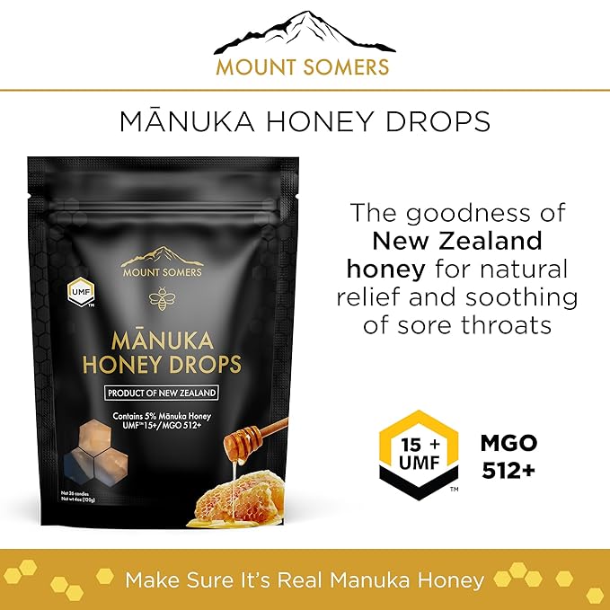Mount Somers UMF 15+ Manuka Honey Drops - 26pcs Soothing Throat Lozenges from New Zealand, Natural Relief for Sore Throats