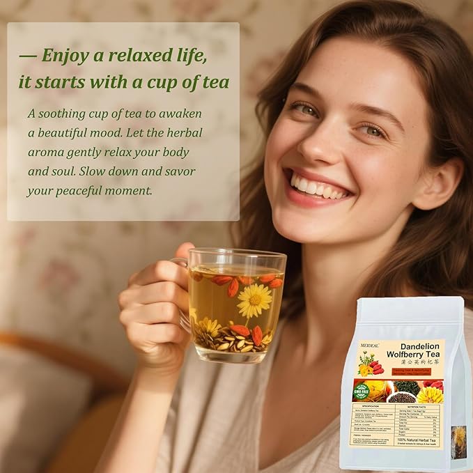 Dandelion Wolfberry Tea, 24 Pcs Organic Dandelion Tea for Kidneys & Liver Health, Eight Natural Chinese Herbal Ingredients Blend with Chrysanthemum, Wolfberry, Cassia Seed (288g (12gx24 packs)