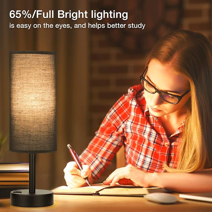 Black Touch Nightstand Lamps for Girl - Small Bedside Lamp with USB-C and USB Charging Ports, 3 Way Dimmable Control Table Lamp for Living Room Office, Dorm, Reading with Fabric Shade Black Base