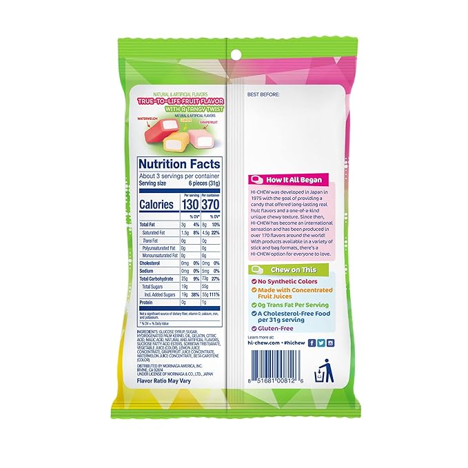 HI-CHEW Sweet & Sour Mix, Pack of 6 Bags, 3.17oz each - Watermelon Lemon Grapefruit | Unique Fun Soft & Chewy Halloween Candy, Immensely Juicy Fruity Candy Flavors, Individually Wrapped for Sharing