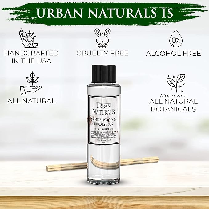 Urban Naturals Reed Diffuser Oil Refill, Sandalwood & Eucalyptus Diffuser Oils with Musk, Herbal Woods, 4 oz + Free Reed Sticks, Made in The USA