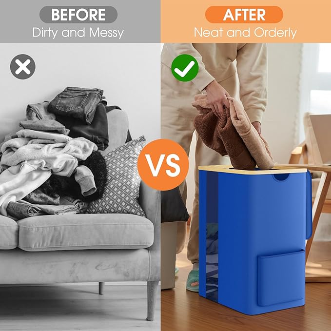 Laundry Basket Clothes Hamper with Lid and Pocket Large Collapsible Laundry Baskets with Handle, Blue Freestanding Hampers for Bedroom Aesthetic, Dorm, Bathroom, Laundry Room (80L)