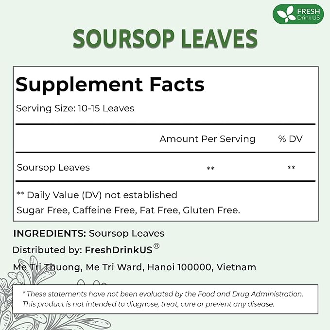 FreshDrinkUS, 240+ Premium Soursop Graviola Dried Leaves Tea, 230-250 Whole Soursop Leaves, Wildcrafted, Graviola , Guanabana , Hoja Guanabana, Loose Leaf Herbal , No Gluten, Vegan