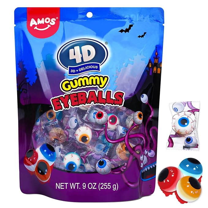 Amos Eyeball Gummy Candy – Halloween Gummy Eye Candy Treats for Kids & Parties, 3D Gummy Eyeballs, Individually Wrapped, 40 Count, 9oz Bag