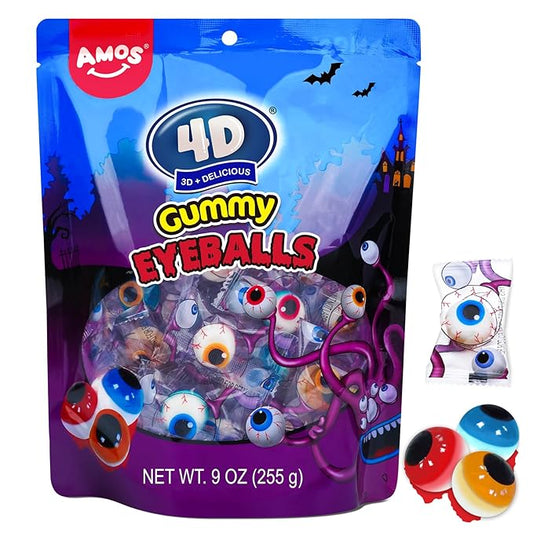 Amos Eyeball Gummy Candy – Halloween Gummy Eye Candy Treats for Kids & Parties, 3D Gummy Eyeballs, Individually Wrapped, 40 Count, 9oz Bag