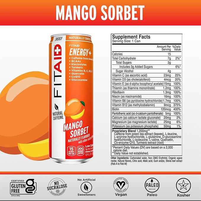 FITAID ENERGY, 200mg Natural Caffeine, Keto, Mango Sorbet, Optimum Performance Formula: BCAAs, Quercetin, Electrolytes, Omega-3s, 15 Calories, Paleo, Vegan & Gluten-Free, 12-oz. Cans (Pack of 24)