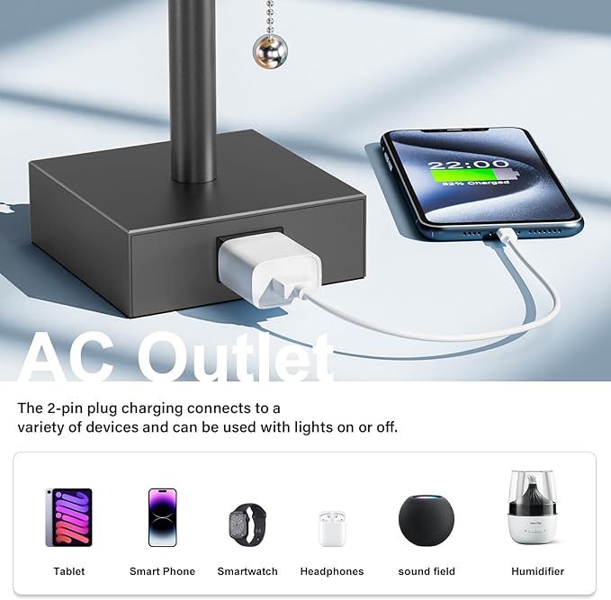 Fenmzee Grey Bedside Table Lamps for Bedroom Set of 2 - Small Rectangular Nightstand Lamp with AC Outlet Charging Port, 3 Color Temperatures Light, Tabletop Reading Lamp for Living Room/Dorm/Office