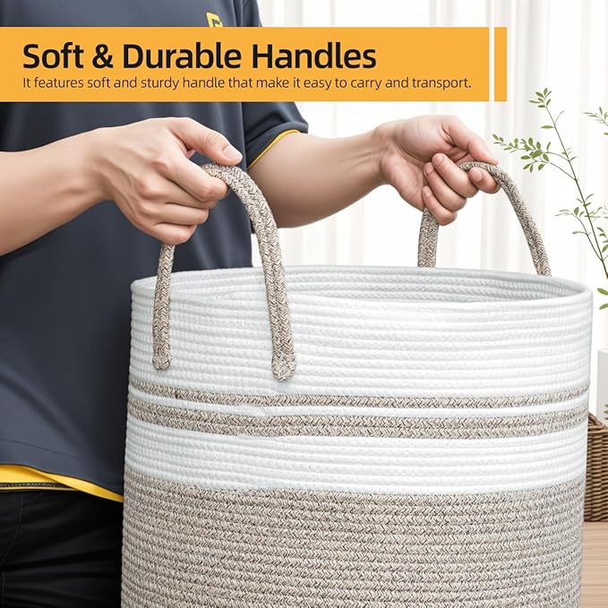 72L Large Laundry Basket, Laundry Hamper with Handles, Clothes Storage Basket, Tall Woven Rope Storage Basket for Dirty Clothes, Blankets, Pillows in Bathroom, Bedroom (Brown, 16 x 22in)