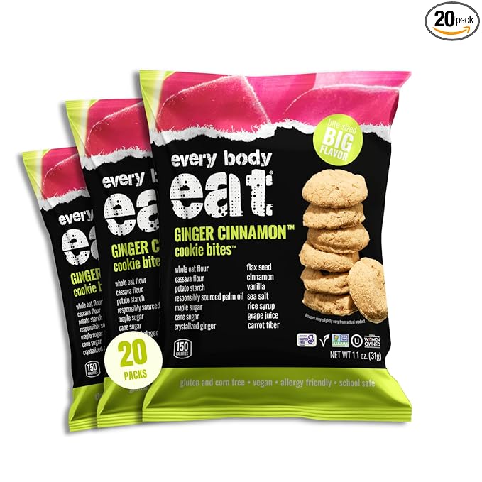 Every Body Eat Crunchy Cookie Bites, Gluten & Dairy Free, Vegan, School Safe Lunch Snacks, Single Serve (Pack of 20) (Ginger Cinnamon)